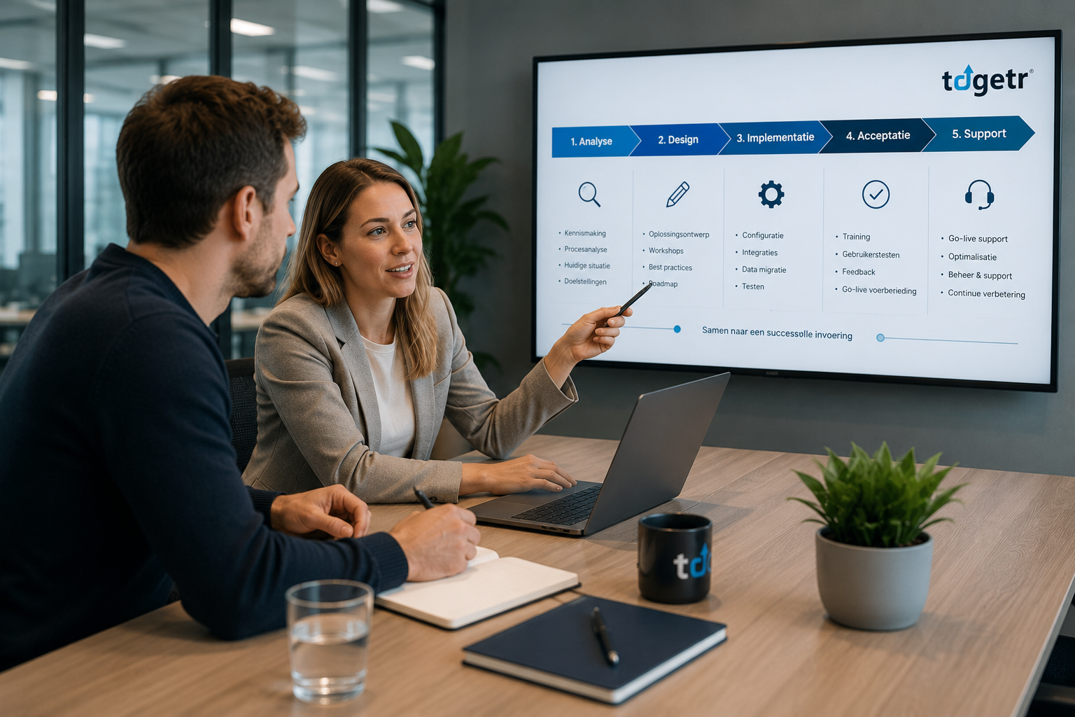 Twee consultants overleggen over een software implementatieproces in een vergaderruimte.