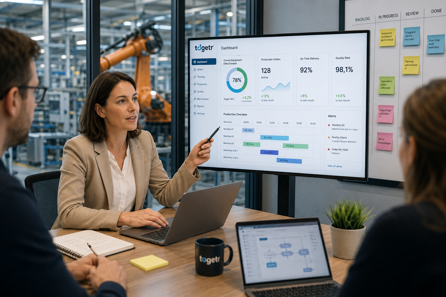 Product owner presenteert productie- en softwaredata aan een team