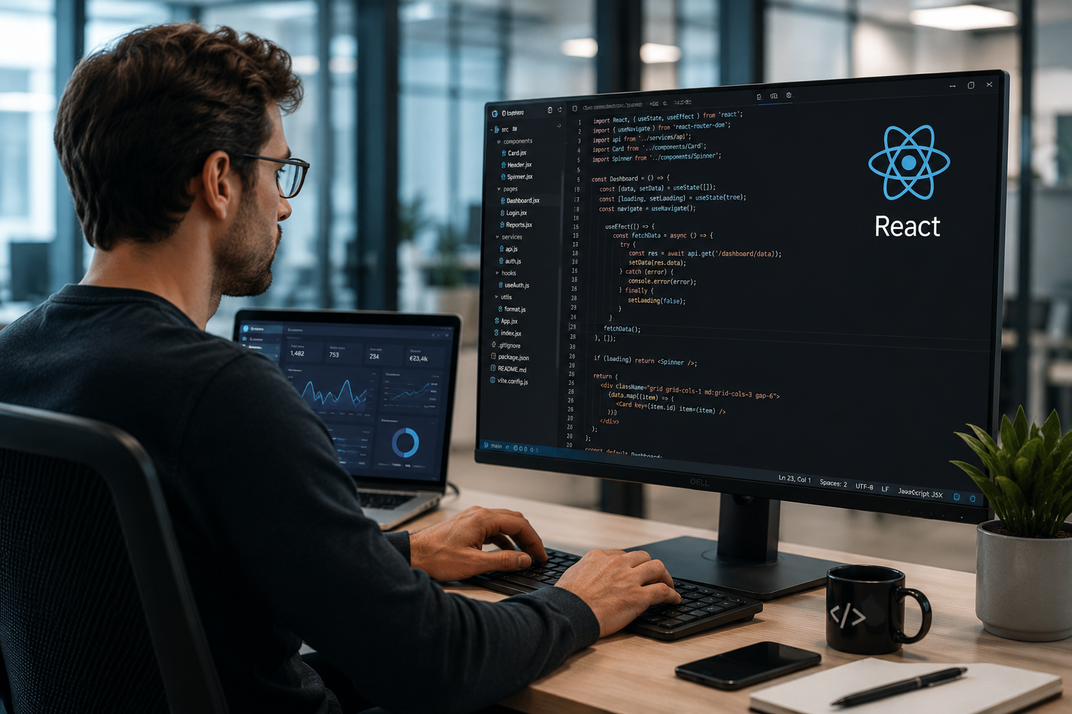 Software engineer werkt aan ReactJS-code op een groot scherm in een moderne kantooromgeving.