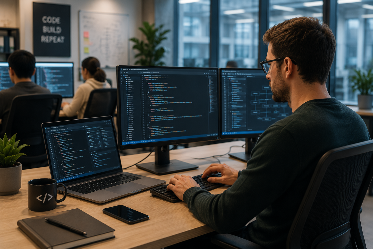 Software engineer programmeert achter meerdere schermen in een open kantoor met collega-ontwikkelaars op de achtergrond.