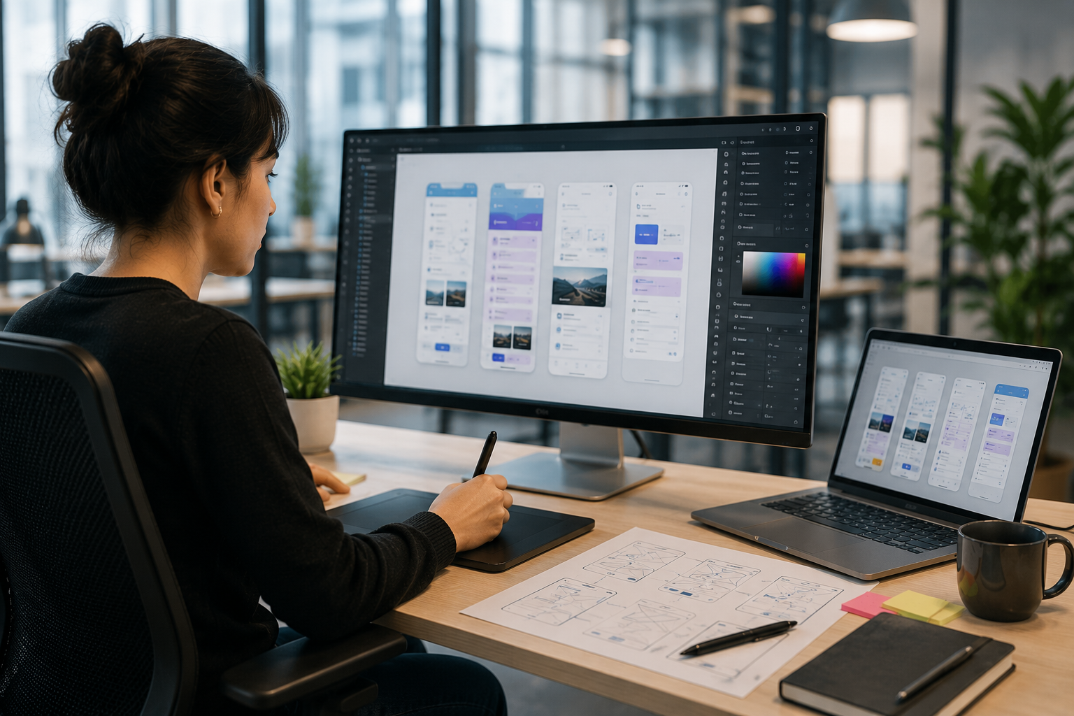 UI engineer werkt aan het ontwerpen en verfijnen van gebruiksvriendelijke interfaces op desktop en mobiele apparaten.