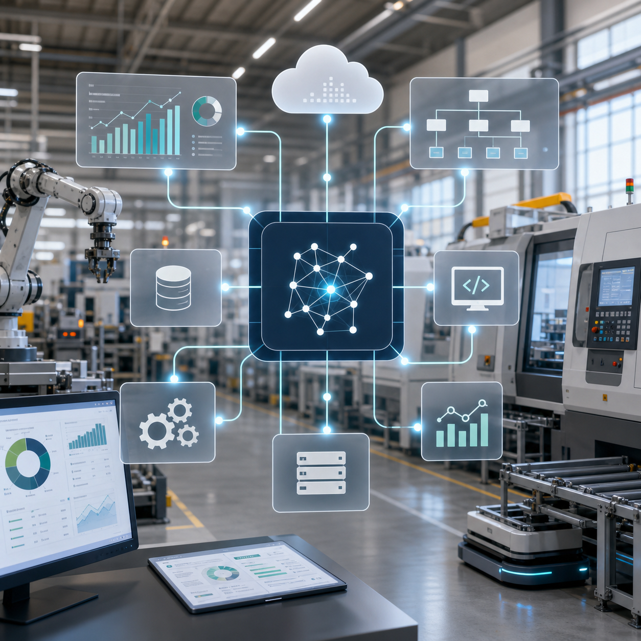 Digitale koppeling tussen fabriekssystemen, sensoren en cloudplatformen in een moderne productieomgeving